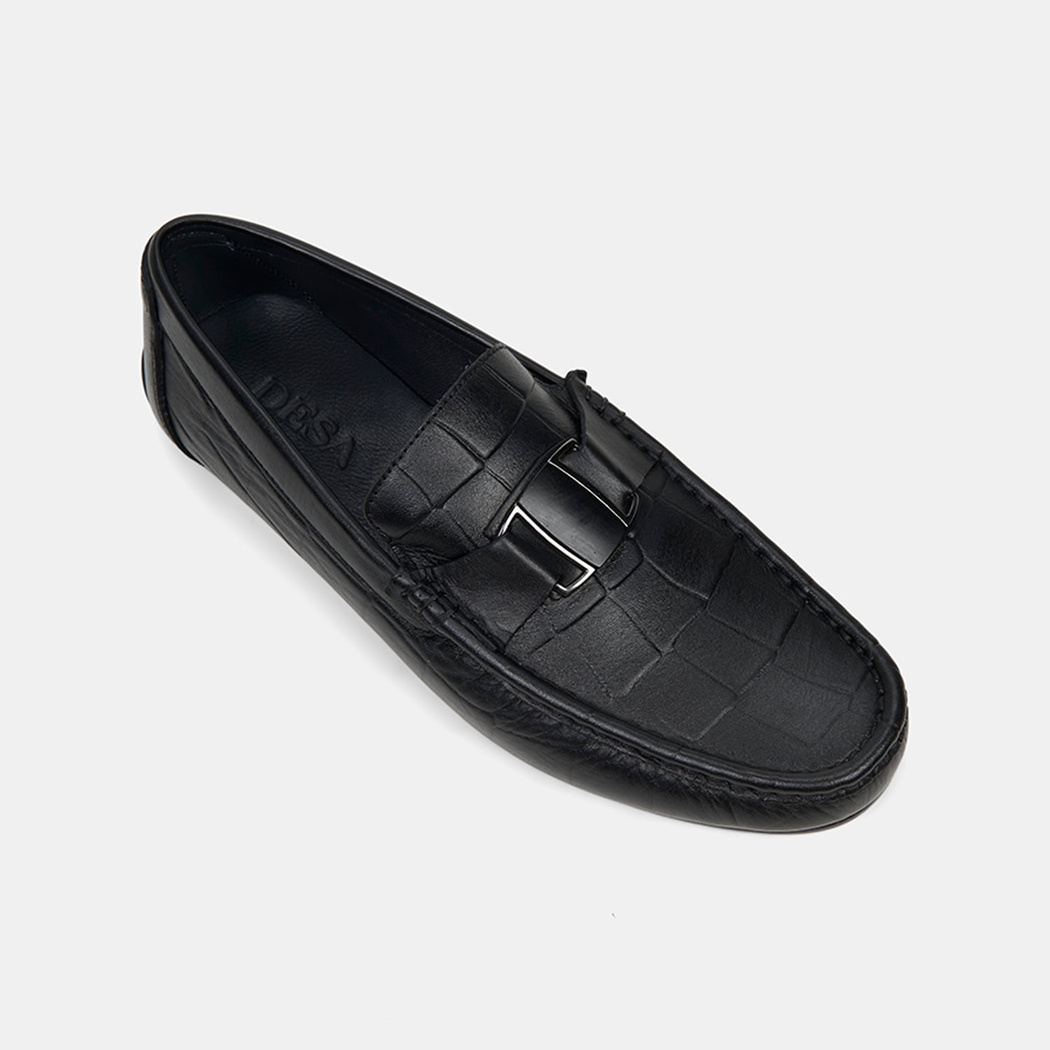 Erkek Siyah Kabartma Desenli Deri Loafer