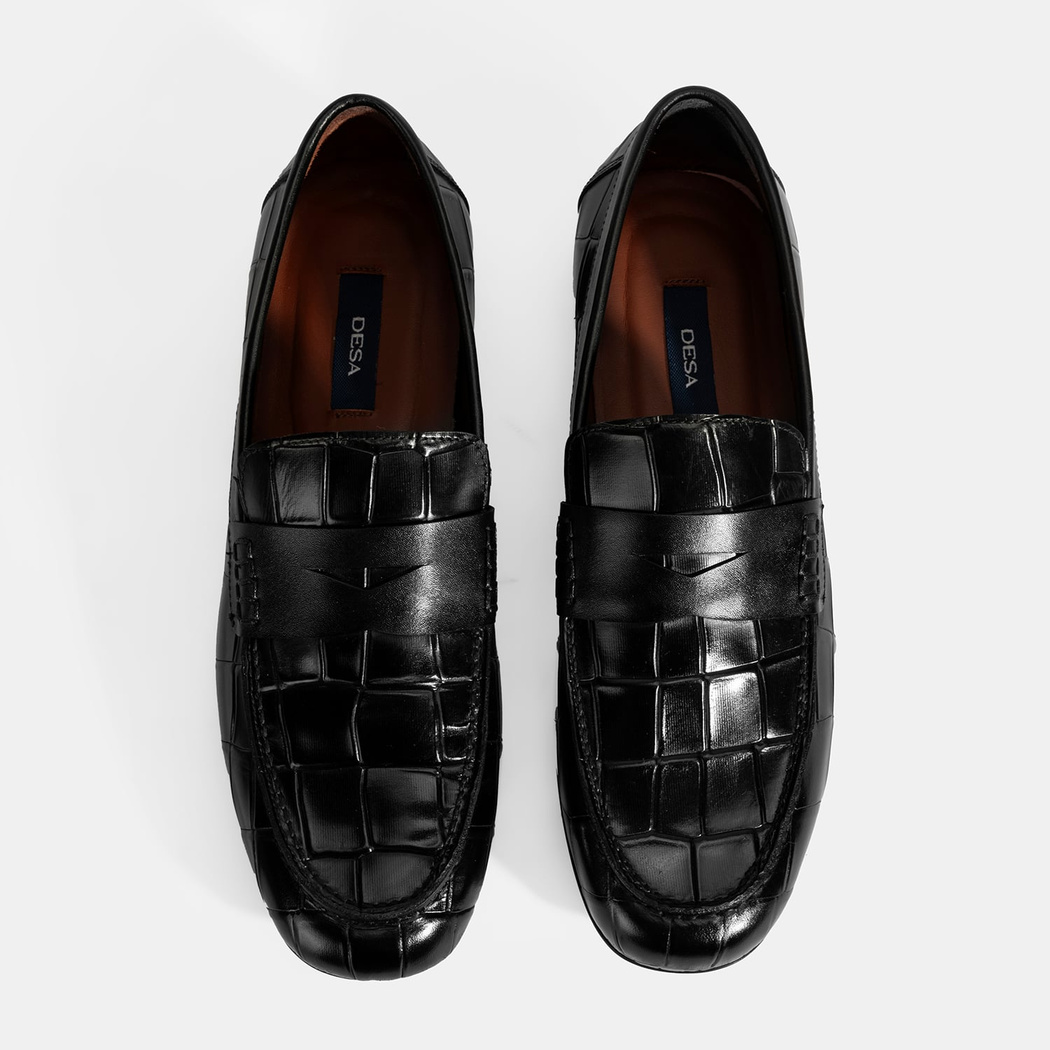 Erkek Siyah Kroko Baskılı Deri Loafer