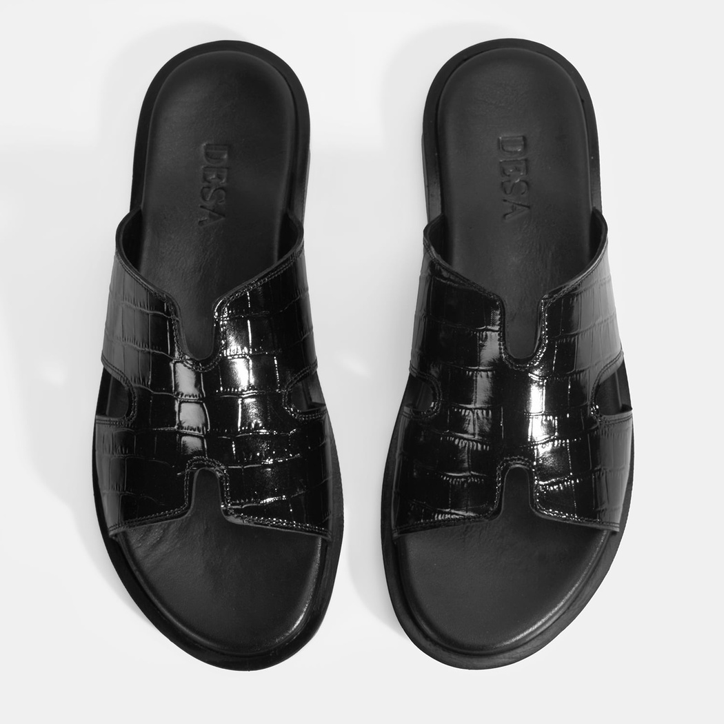 Erkek Siyah Kroko Desenli Deri Terlik