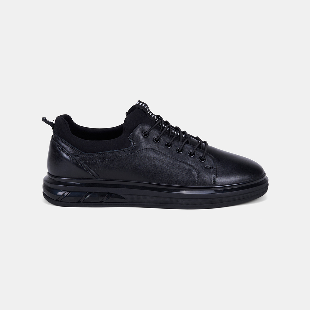 Erkek Siyah Lastik Bağcıklı Deri Sneaker