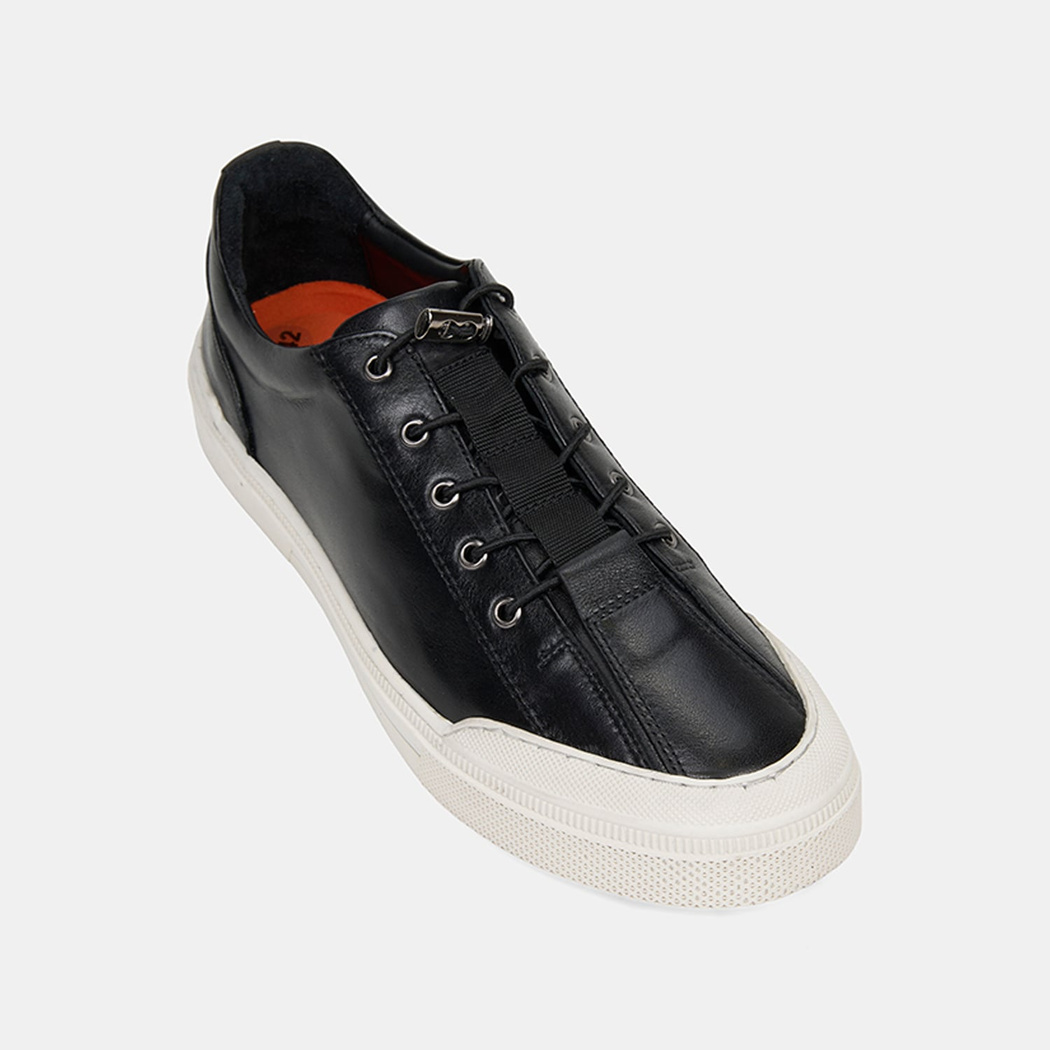 Erkek Siyah Lastik Bağcıklı Deri Sneaker