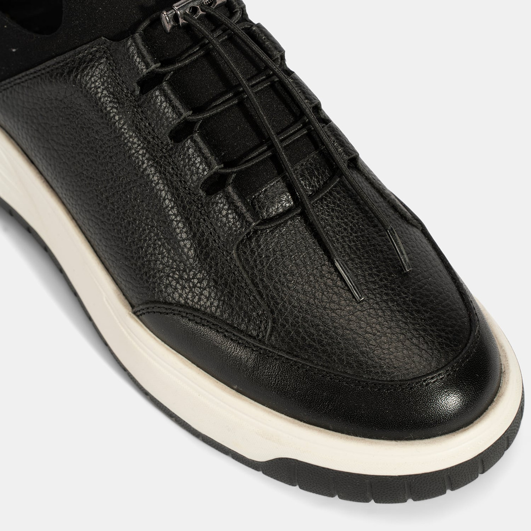 Erkek Siyah Lastik Bağcıklı Deri Sneaker