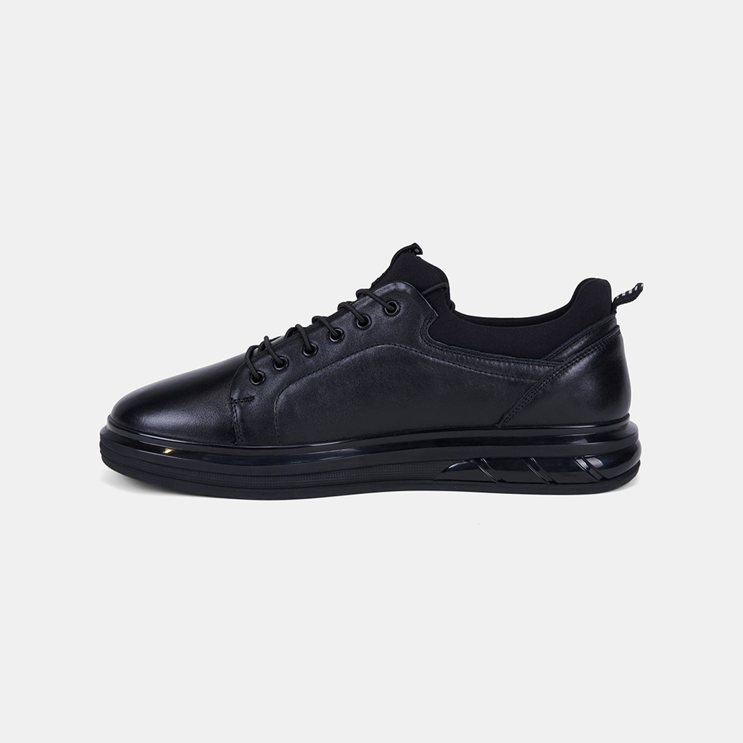 Erkek Siyah Lastik Bağcıklı Deri Sneaker
