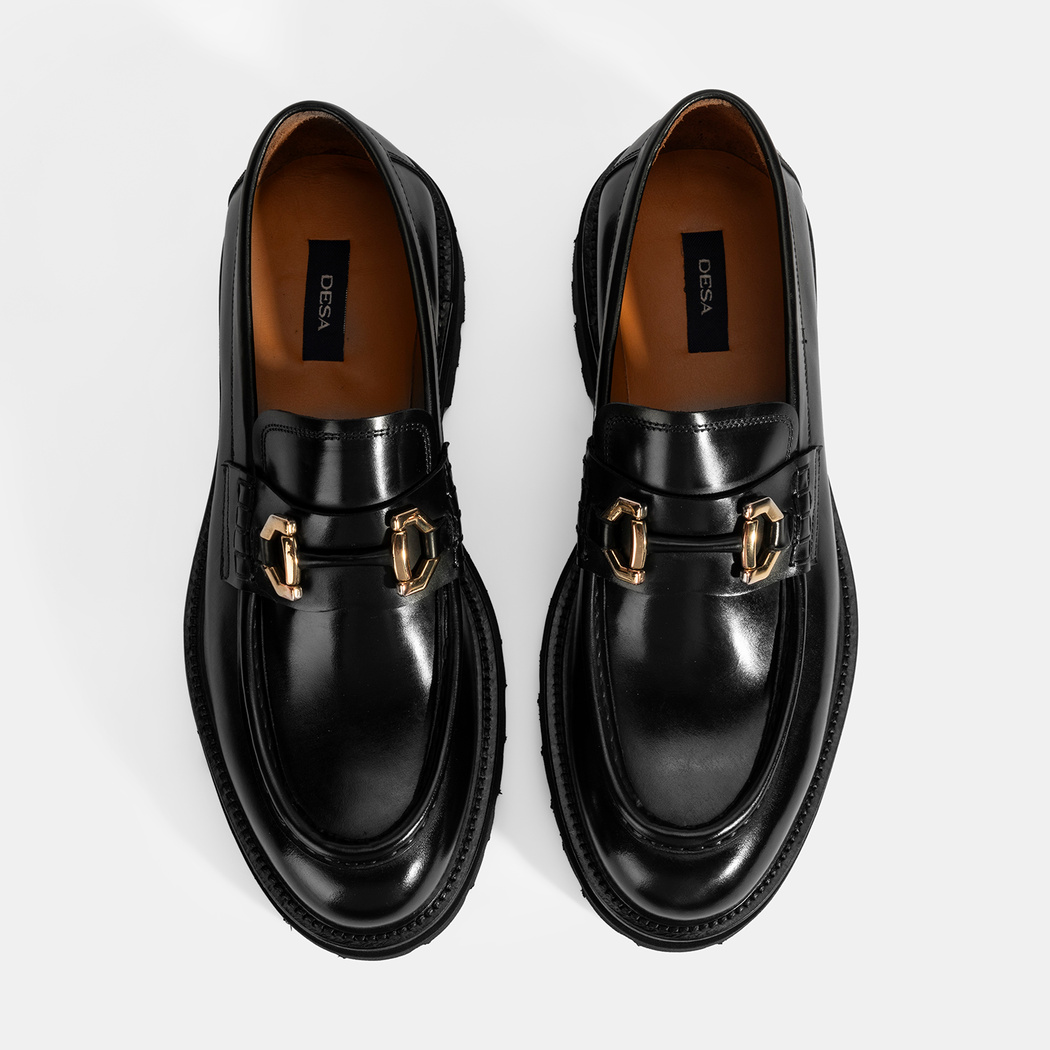 Erkek Siyah Metal Toka Detaylı Deri Loafer