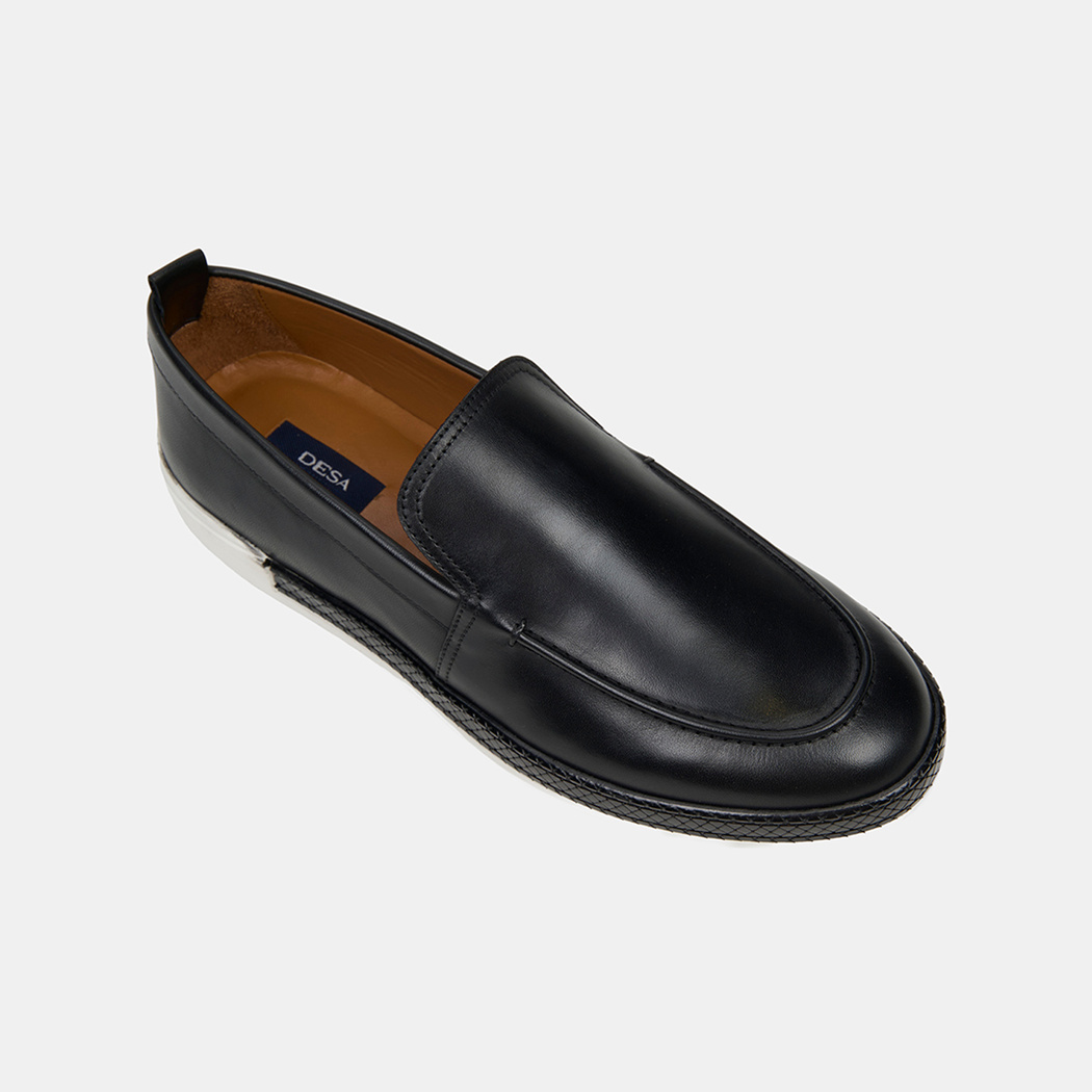 Erkek Siyah Spor Beyaz Tabanlı Deri Loafer