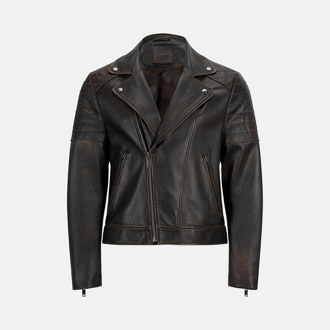 Erkek Siyah Vintage Deri Biker Ceket