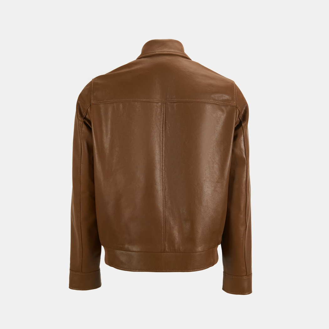 Erkek Taba Fermuarlı Gömlek Yaka Deri Ceket