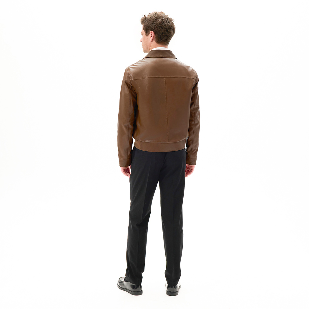 Erkek Taba Fermuarlı Gömlek Yaka Deri Ceket