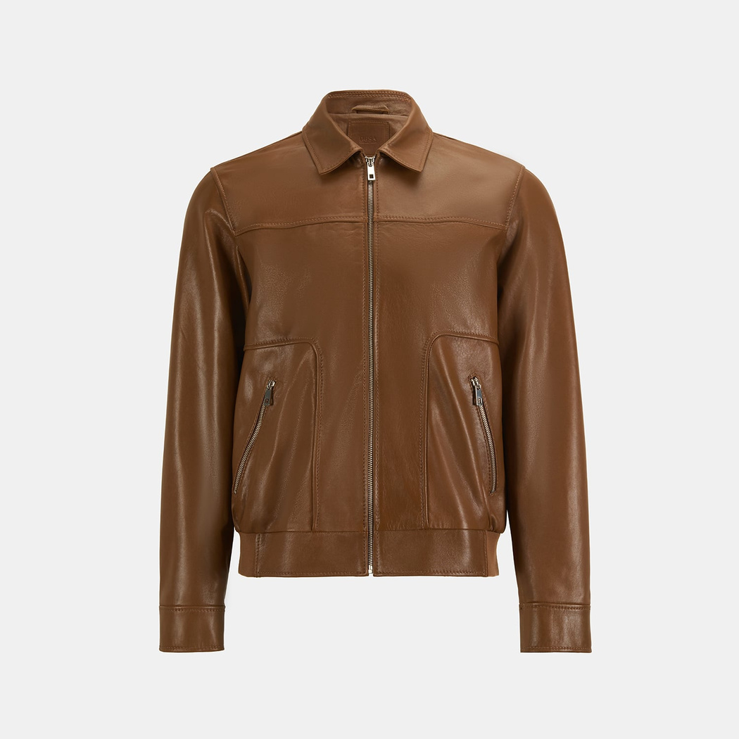 Erkek Taba Fermuarlı Gömlek Yaka Deri Ceket