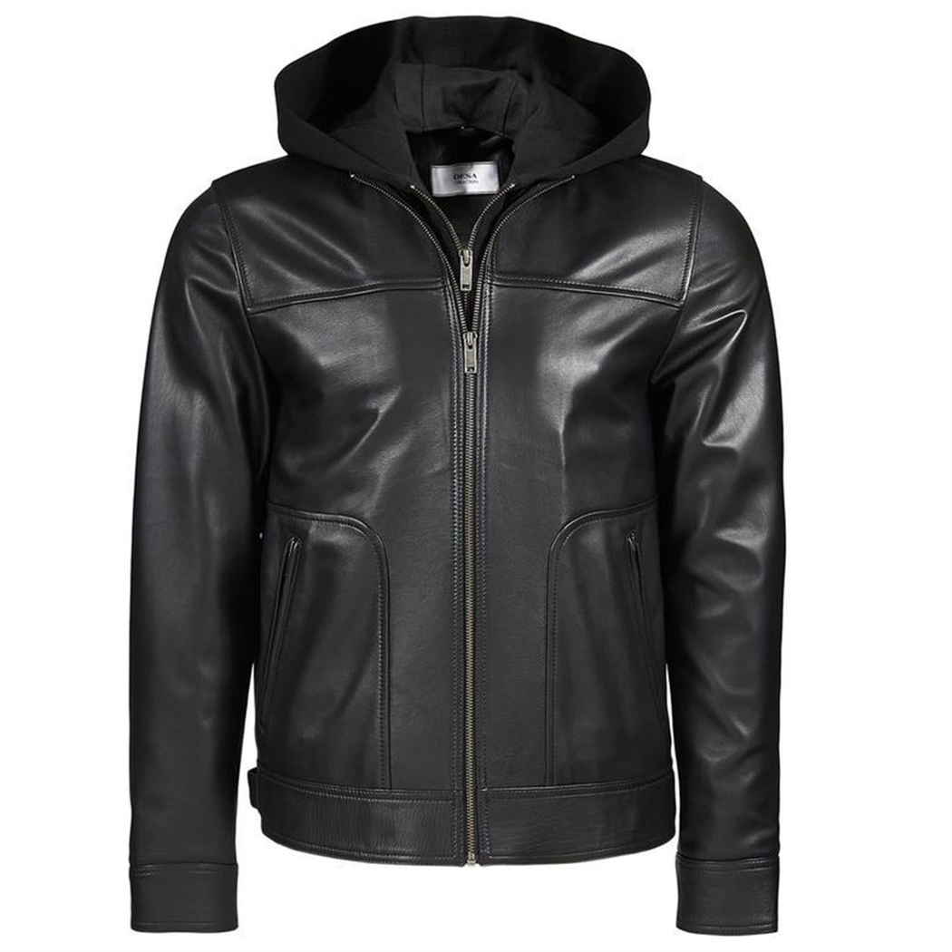 Eugenio Siyah Erkek Deri Kapüşonlu Mont