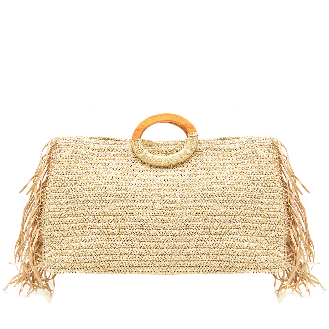 Fringie Bej Kadın Hasır El Çantası 