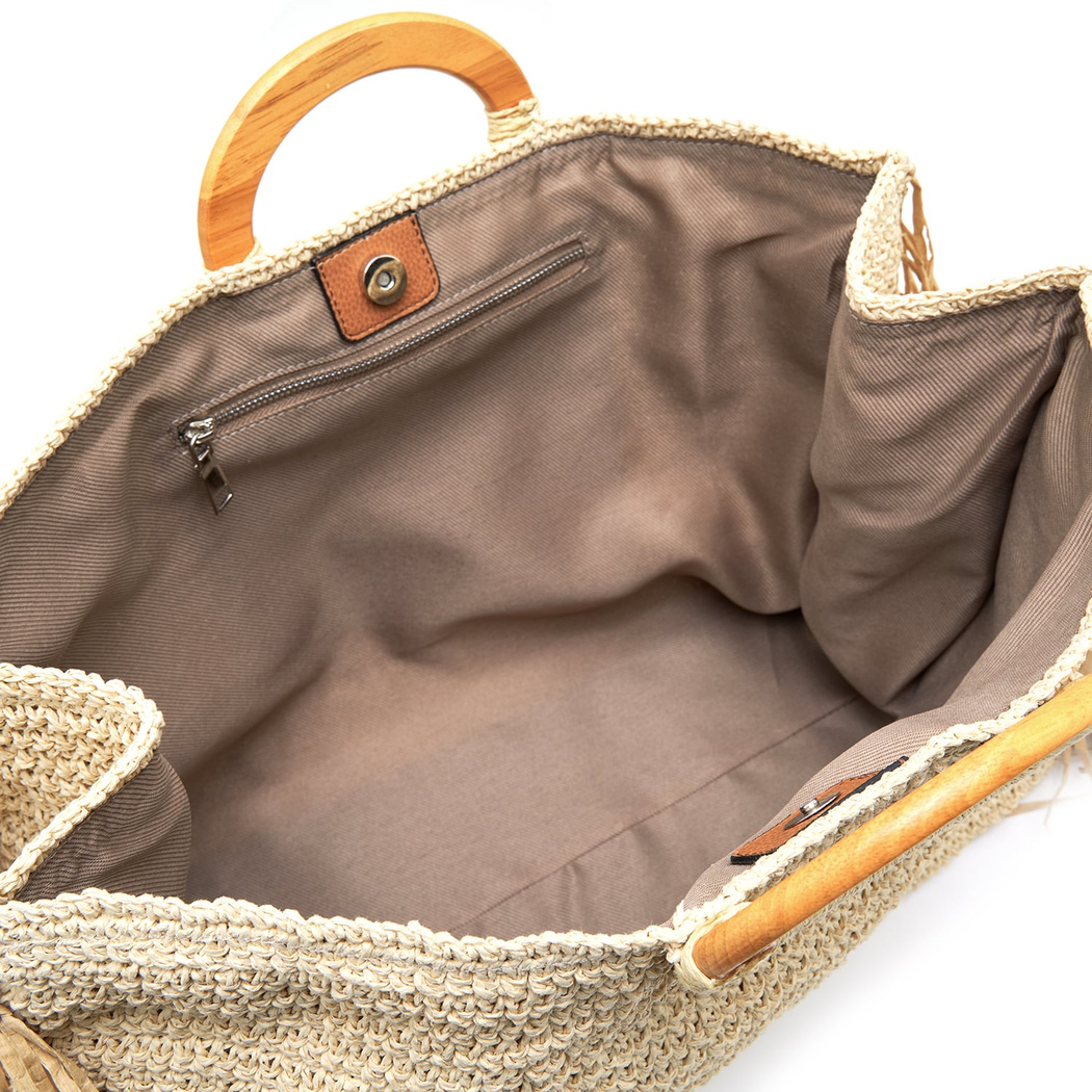 Fringie Bej Kadın Hasır El Çantası 