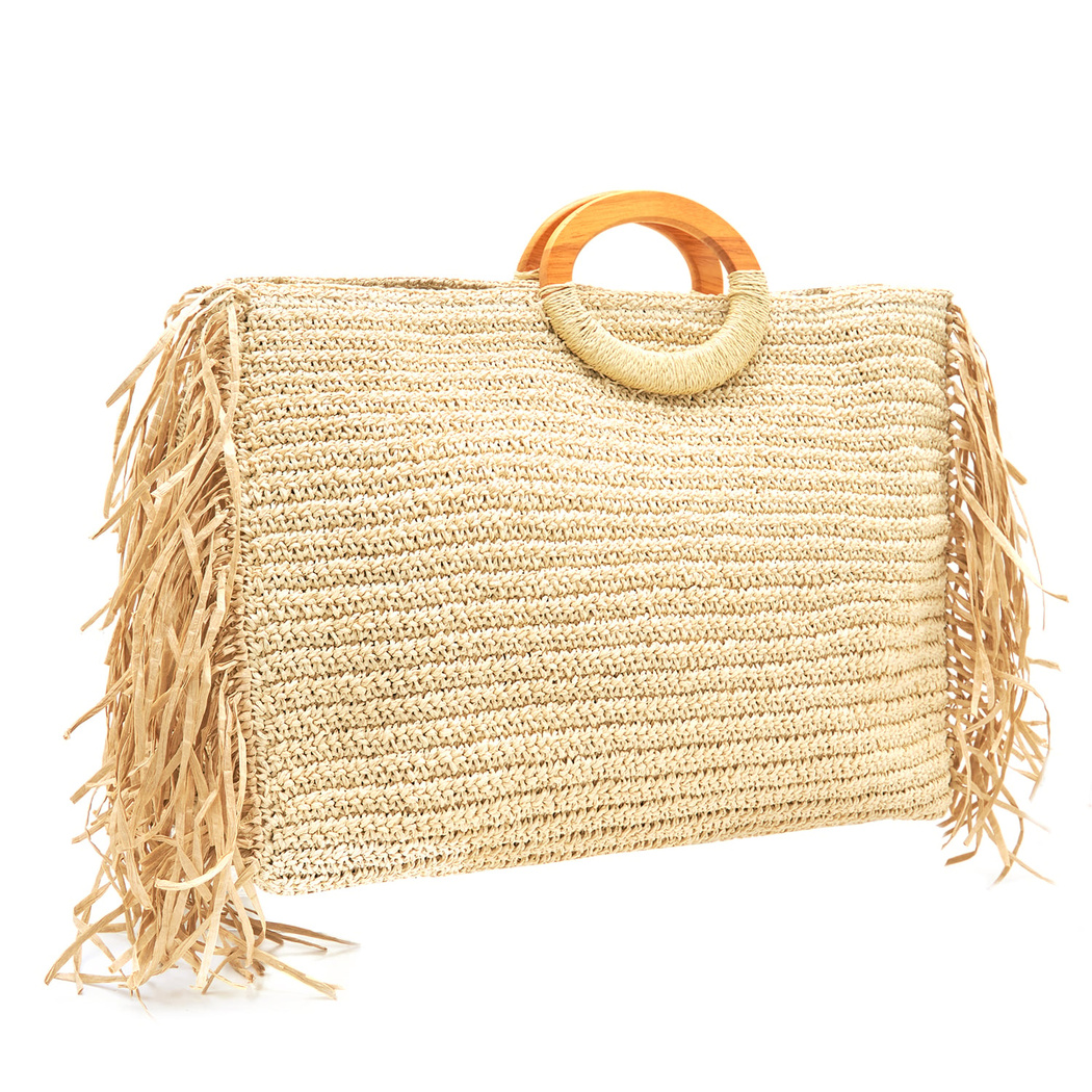 Fringie Bej Kadın Hasır El Çantası 