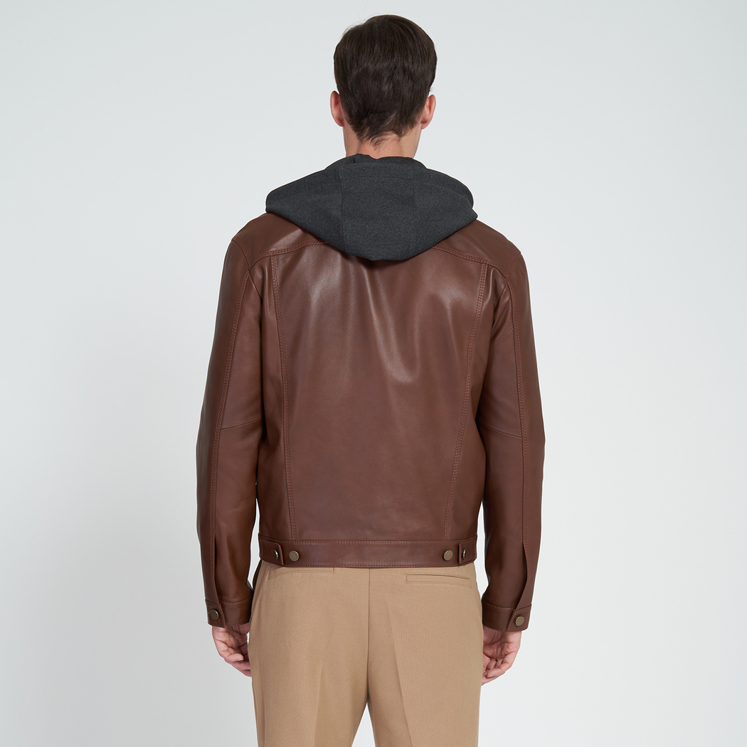 Giosue Kahve Erkek Kapüşonlu Deri Ceket