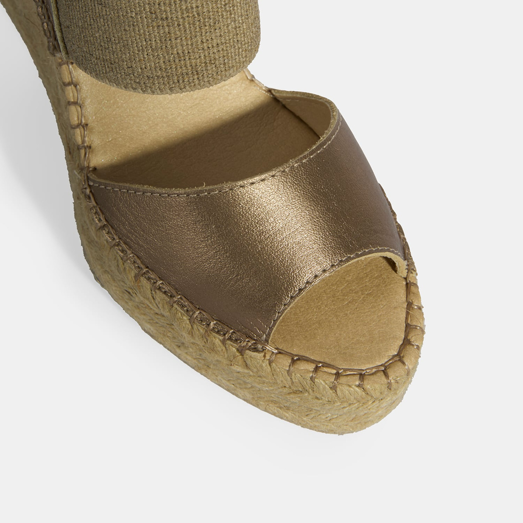 Gold Kadın Lastik Bantlı Slingback Dolgu Topuklu Deri Espadril