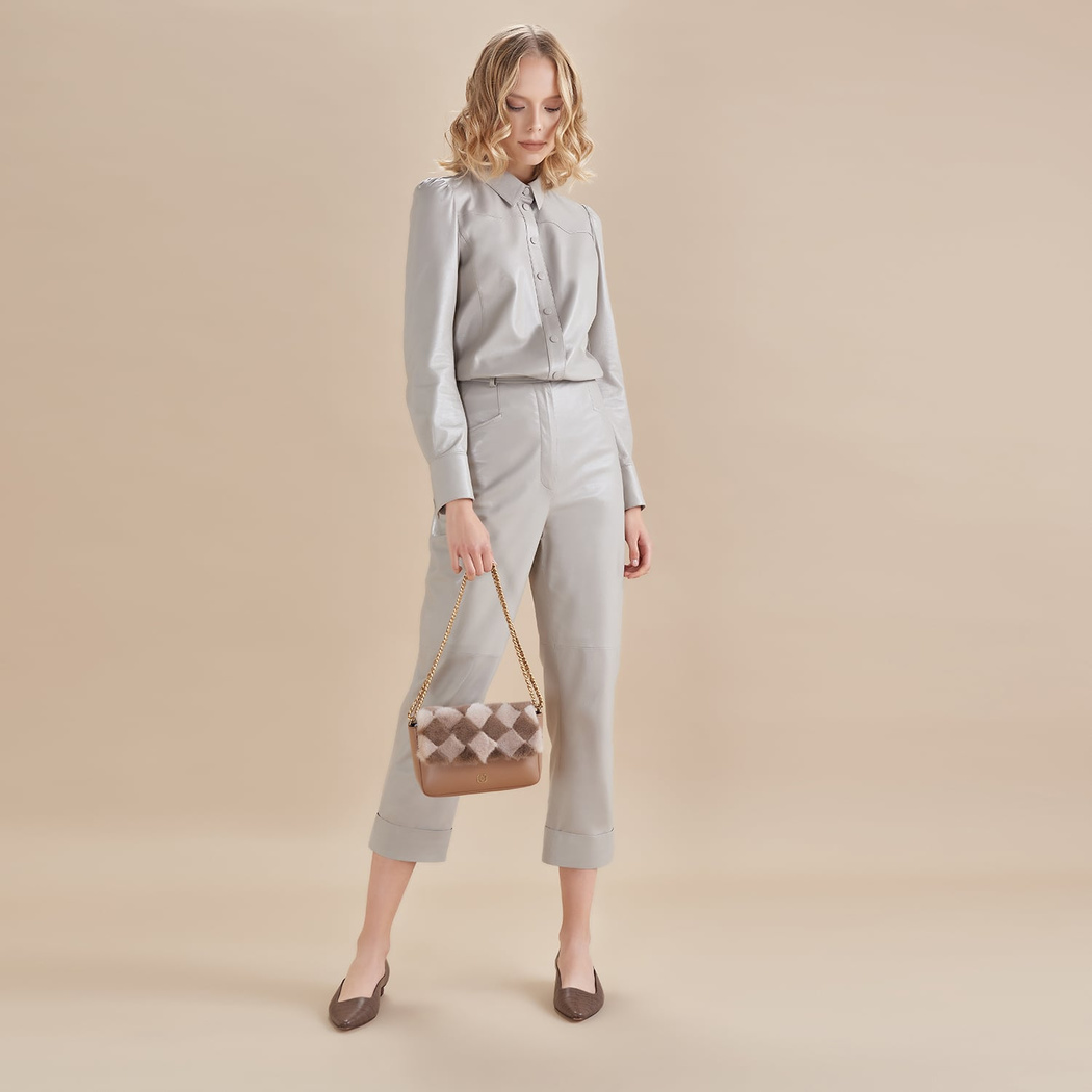 Gri Giolla Kadın Deri Gömlek