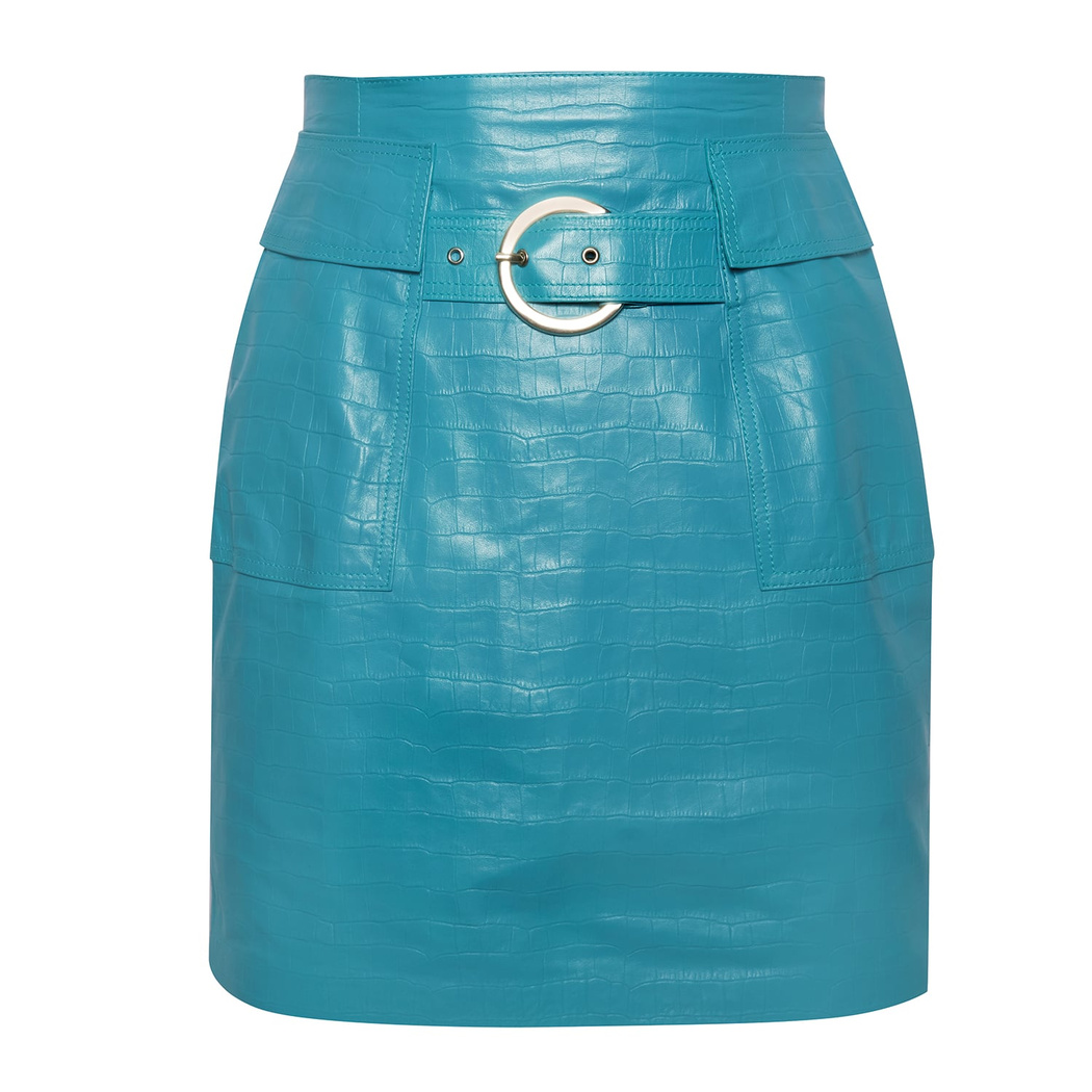 Gulielma Turkuaz Kadın Kroko Baskılı Deri Mini Etek
