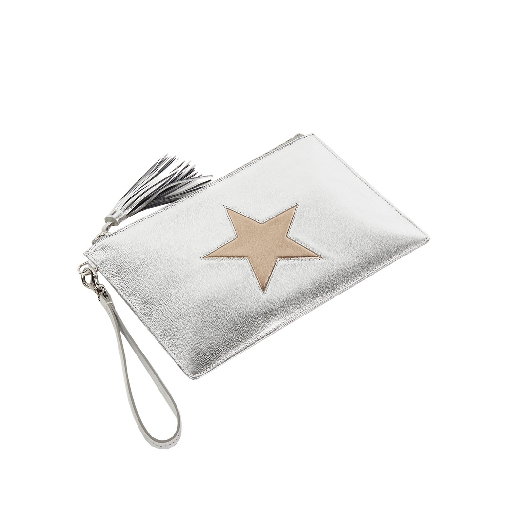 Gümüş Yıldızlı Kadın Deri Clutch