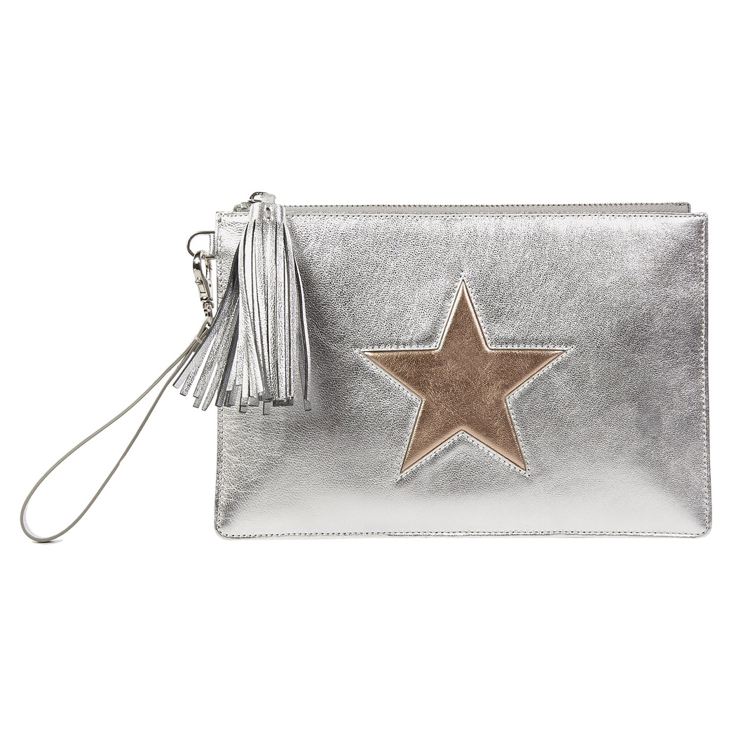 Gümüş Yıldızlı Kadın Deri Clutch