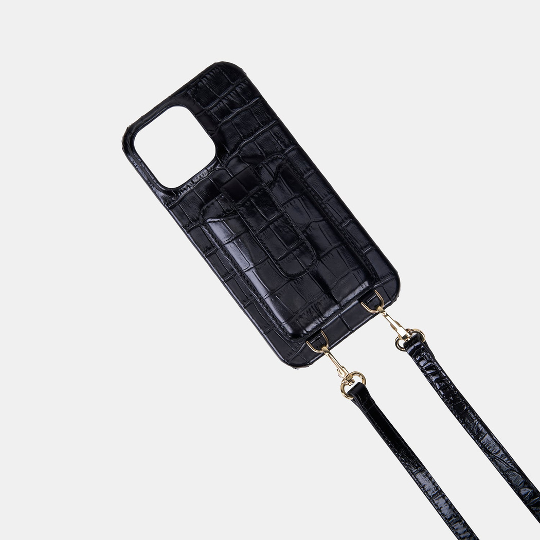 iPhone 16 Pro Max Siyah Çıkarılabilir Askılı Deri Telefon Kılıfı