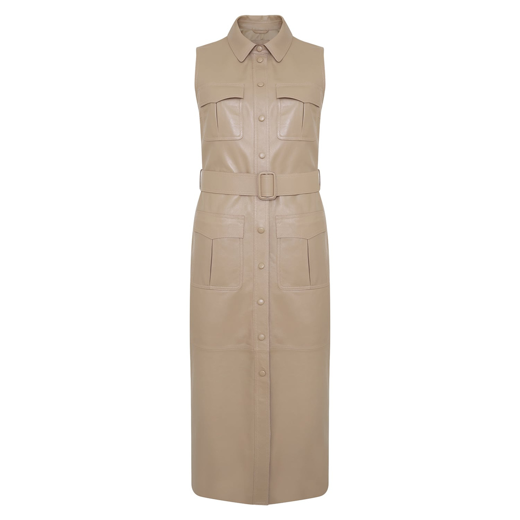 Jianna Bej Kadın Gömlek Yakalı Deri Elbise