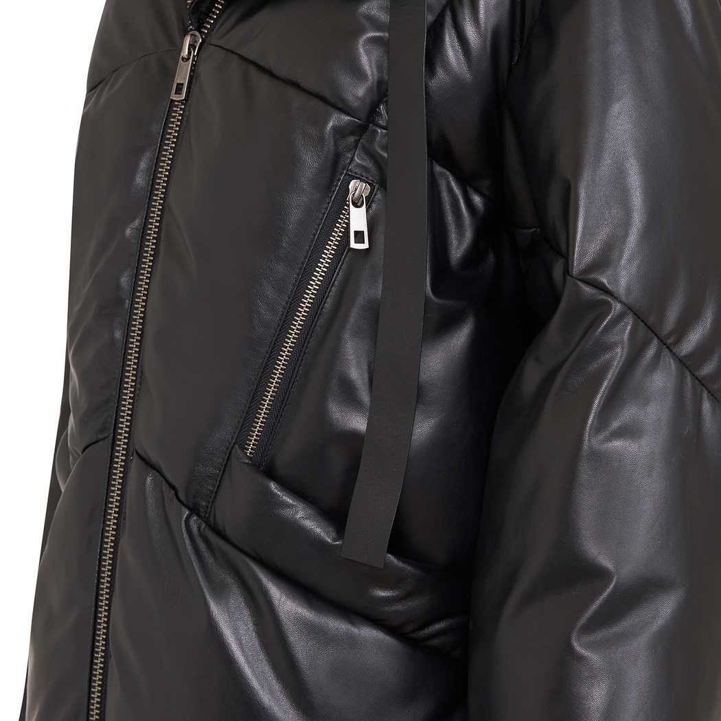 Julie Siyah Kadın Kapüşonlu Puffer Deri Mont