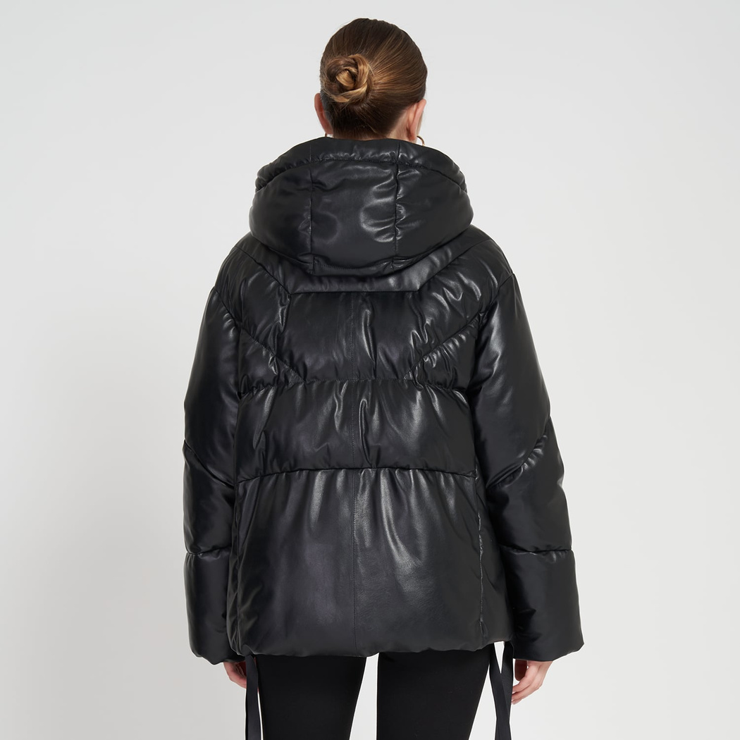 Julie Siyah Kadın Kapüşonlu Puffer Deri Mont