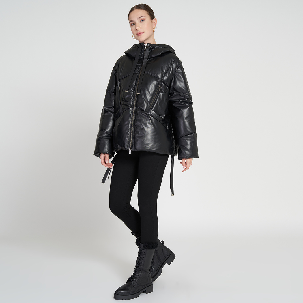 Julie Siyah Kadın Kapüşonlu Puffer Deri Mont