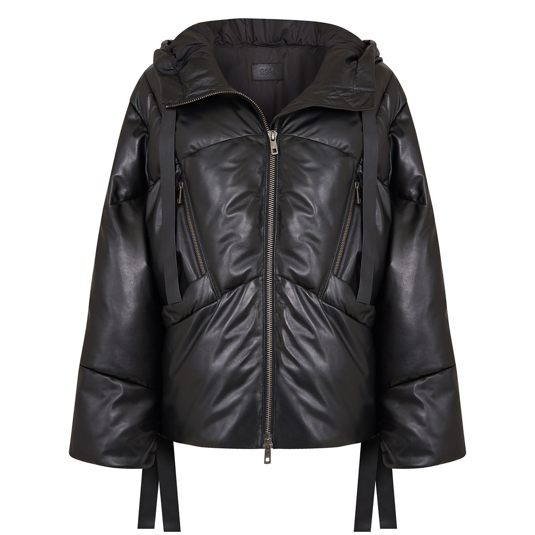 Julie Siyah Kadın Kapüşonlu Puffer Deri Mont