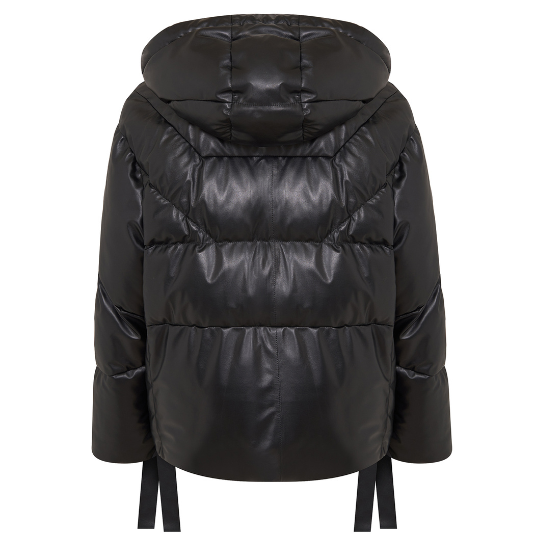 Julie Siyah Kadın Kapüşonlu Puffer Deri Mont