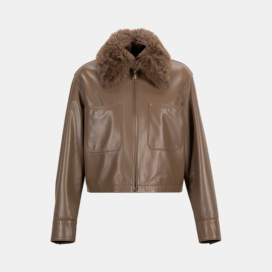 K15072 KADIN YAKASI KÜRKLÜ DERİ CEKET