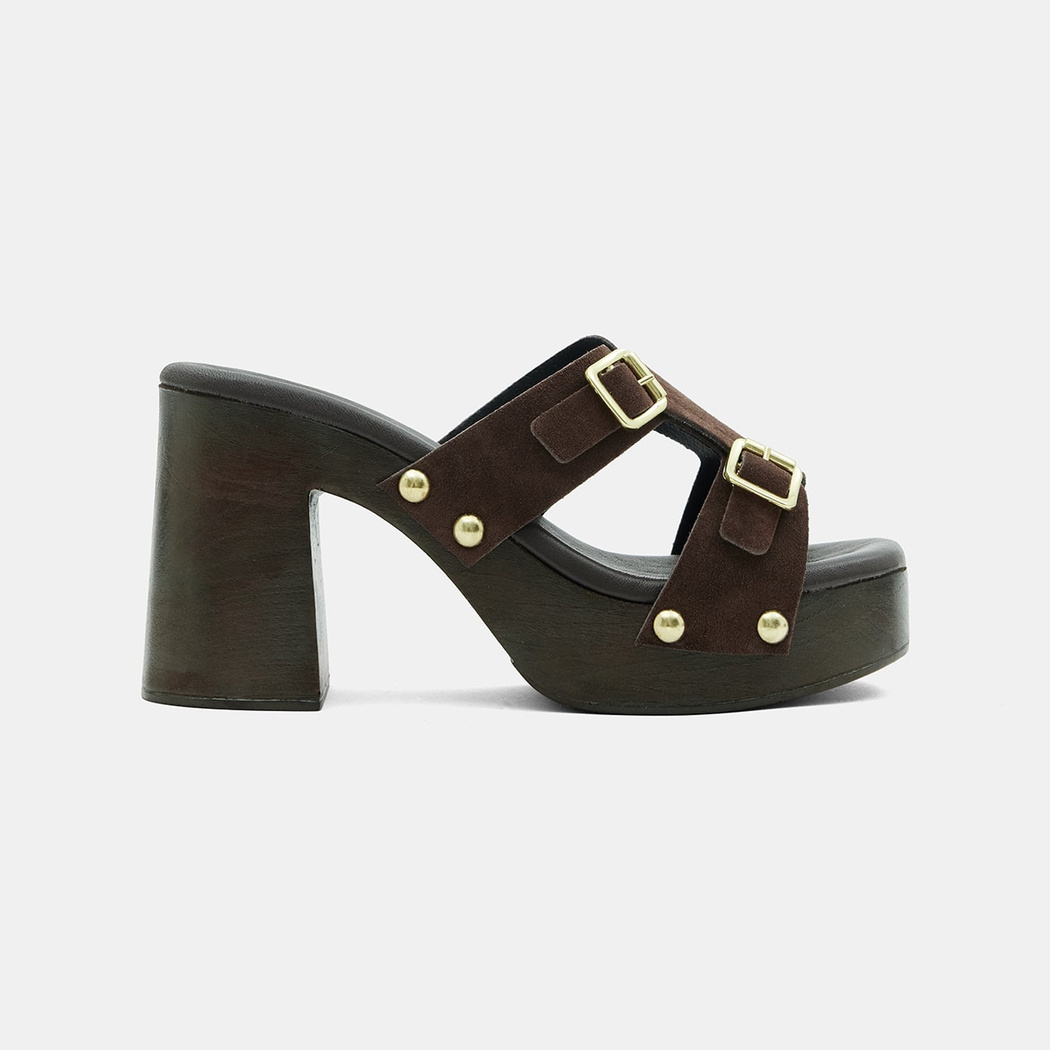 Kadın Acı Kahve Çift Metal Tokalı Platform Topuklu Süet Terlik