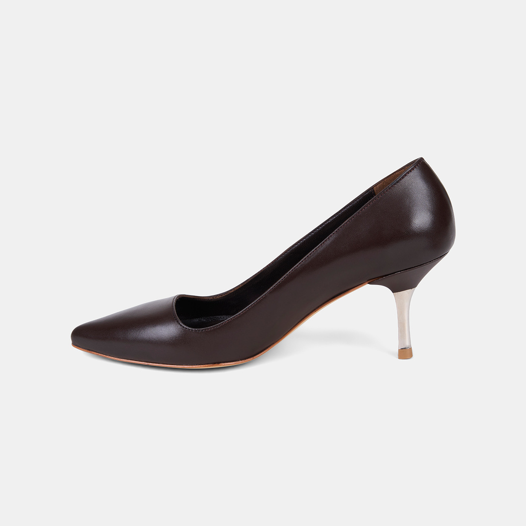 Kadın Acı Kahve Sivri Burunlu Metal Topuklu Deri Stiletto