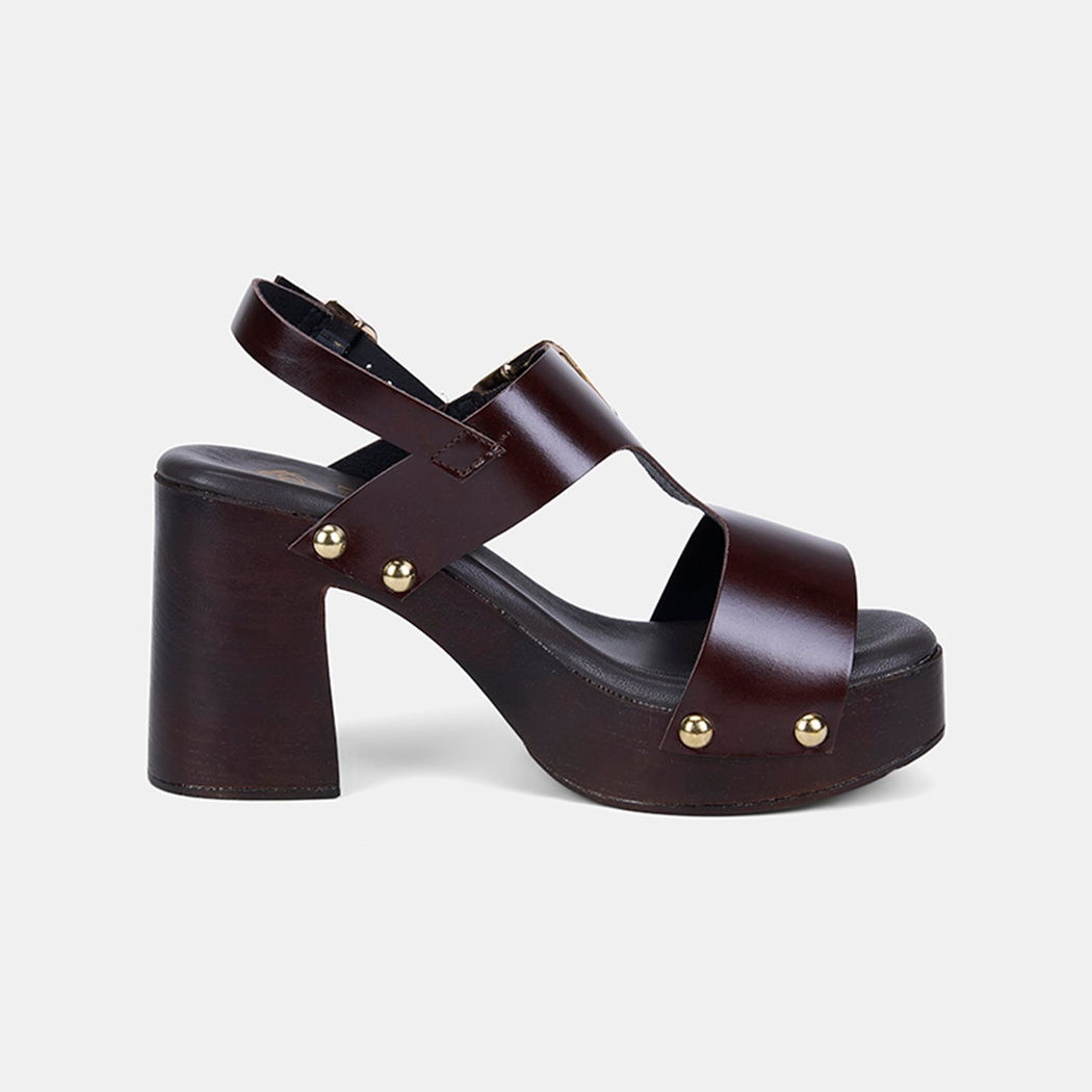 Kadın Acı Kahve Zımbalı Platform Topuklu Deri Sandalet