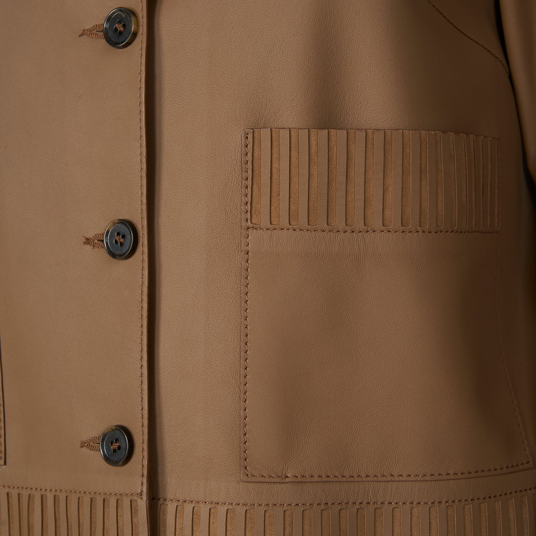 Kadın Açık Kahve Kısa Gömlek Yaka Deri Ceket