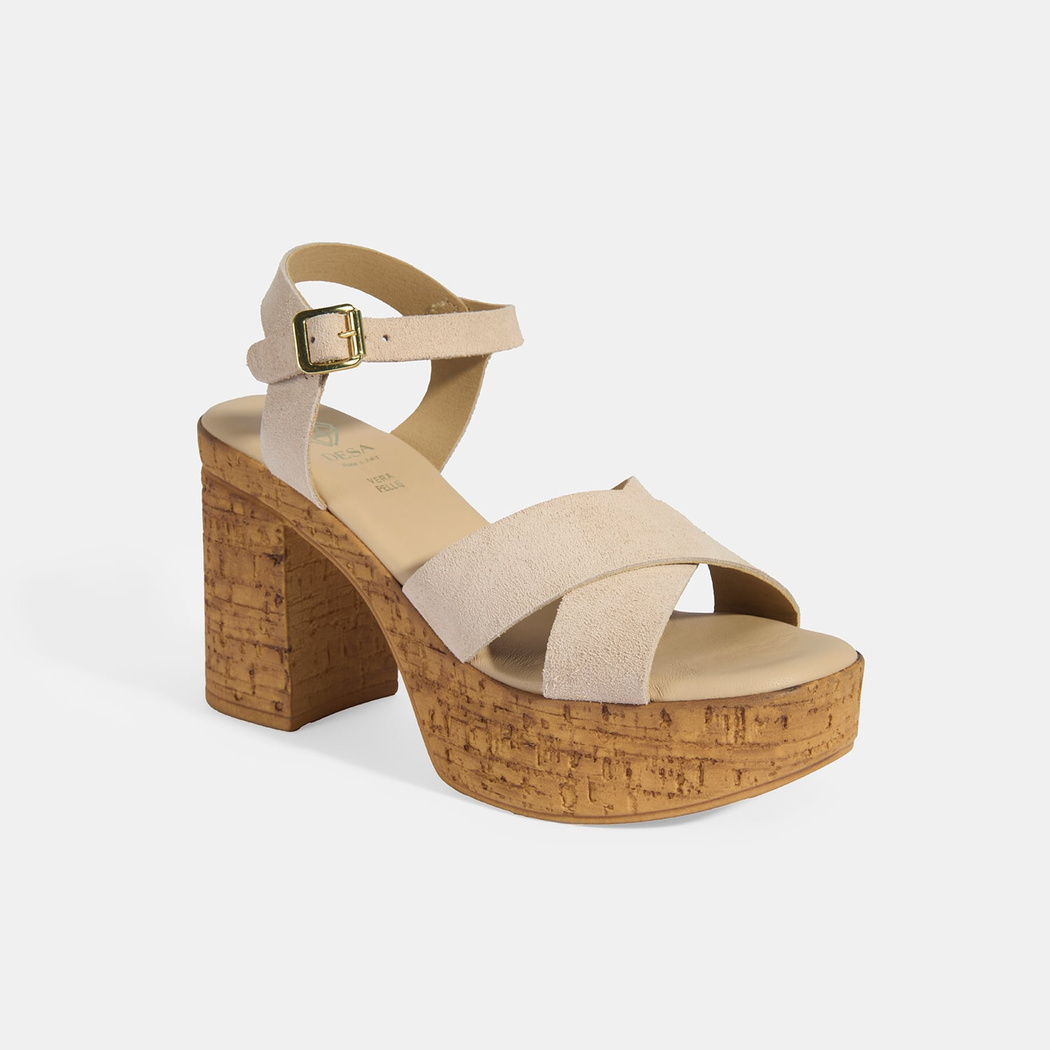 Kadın Bej Ayarlanabilir Tokalı Topuklu Süet Sandalet    