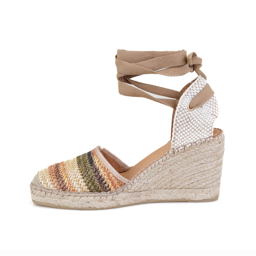 Kadın Bej Dolgu Topuklu Deri Espadril Sandalet