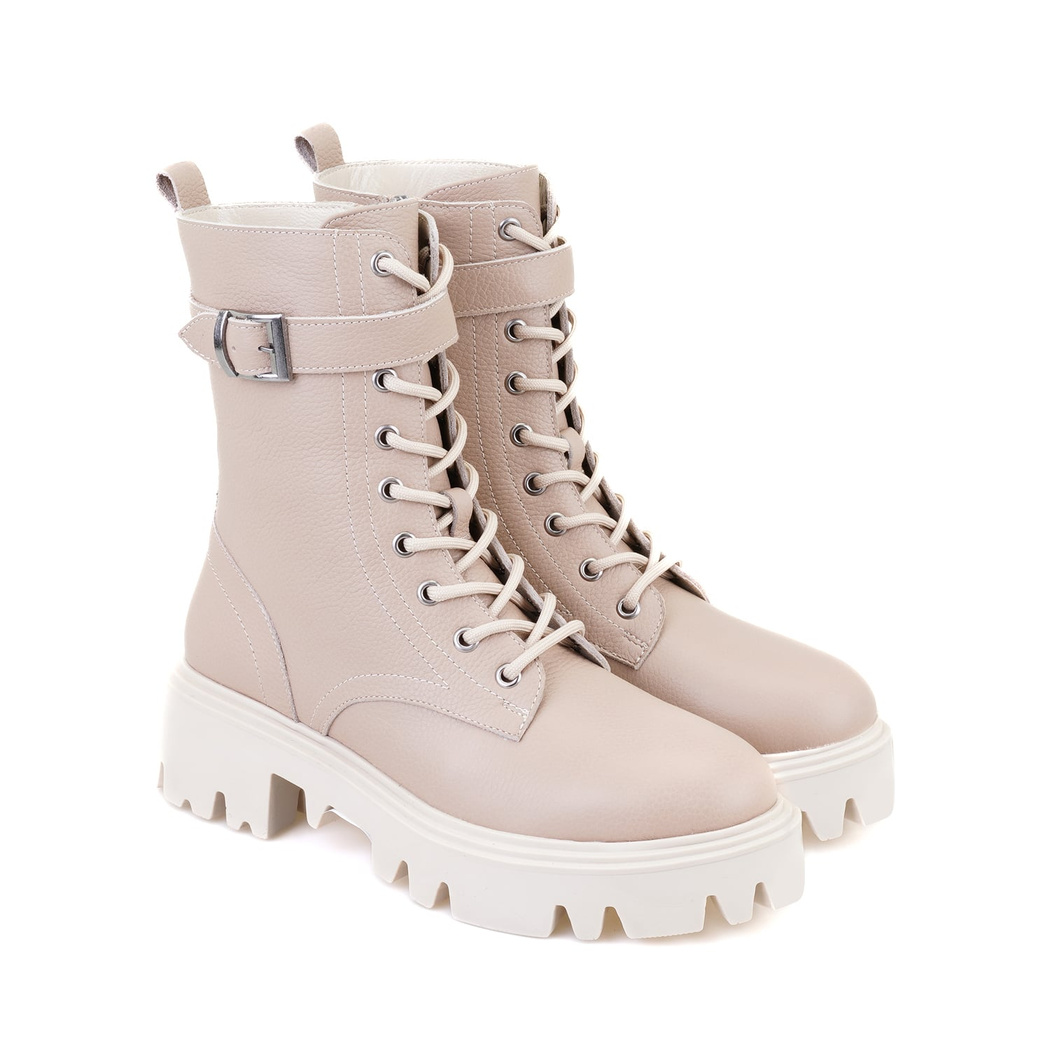 Kadın Bej Fermuarlı Deri Bot