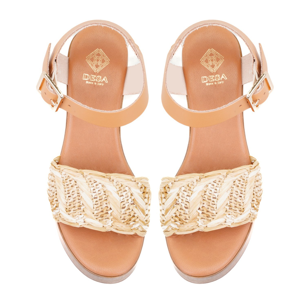 Kadın Bej Hasır Topuklu Deri Sandalet