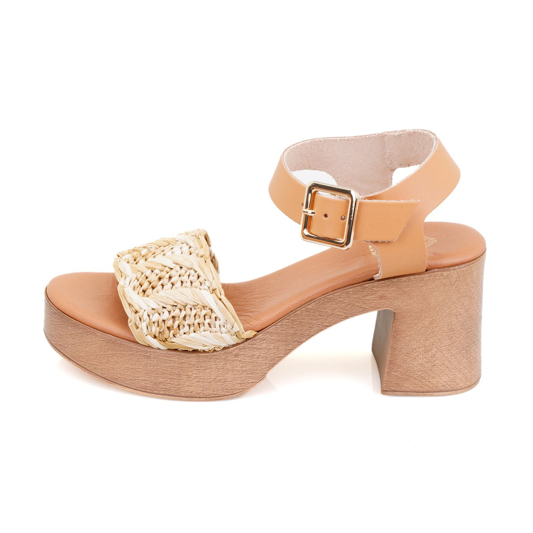 Kadın Bej Hasır Topuklu Deri Sandalet