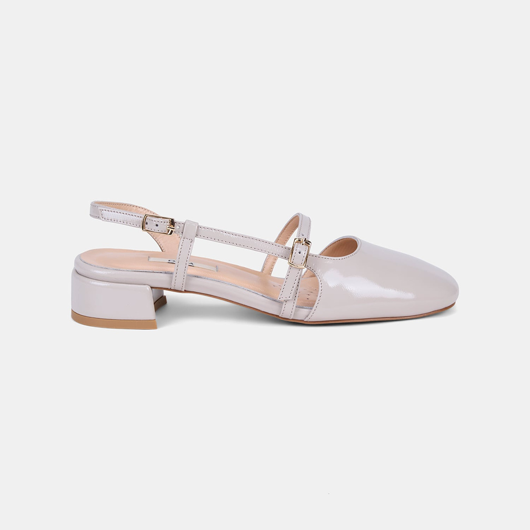 Kadın Bej İnce Bantlı Slingback Kısa Topuklu Rugan Deri Ayakkabı