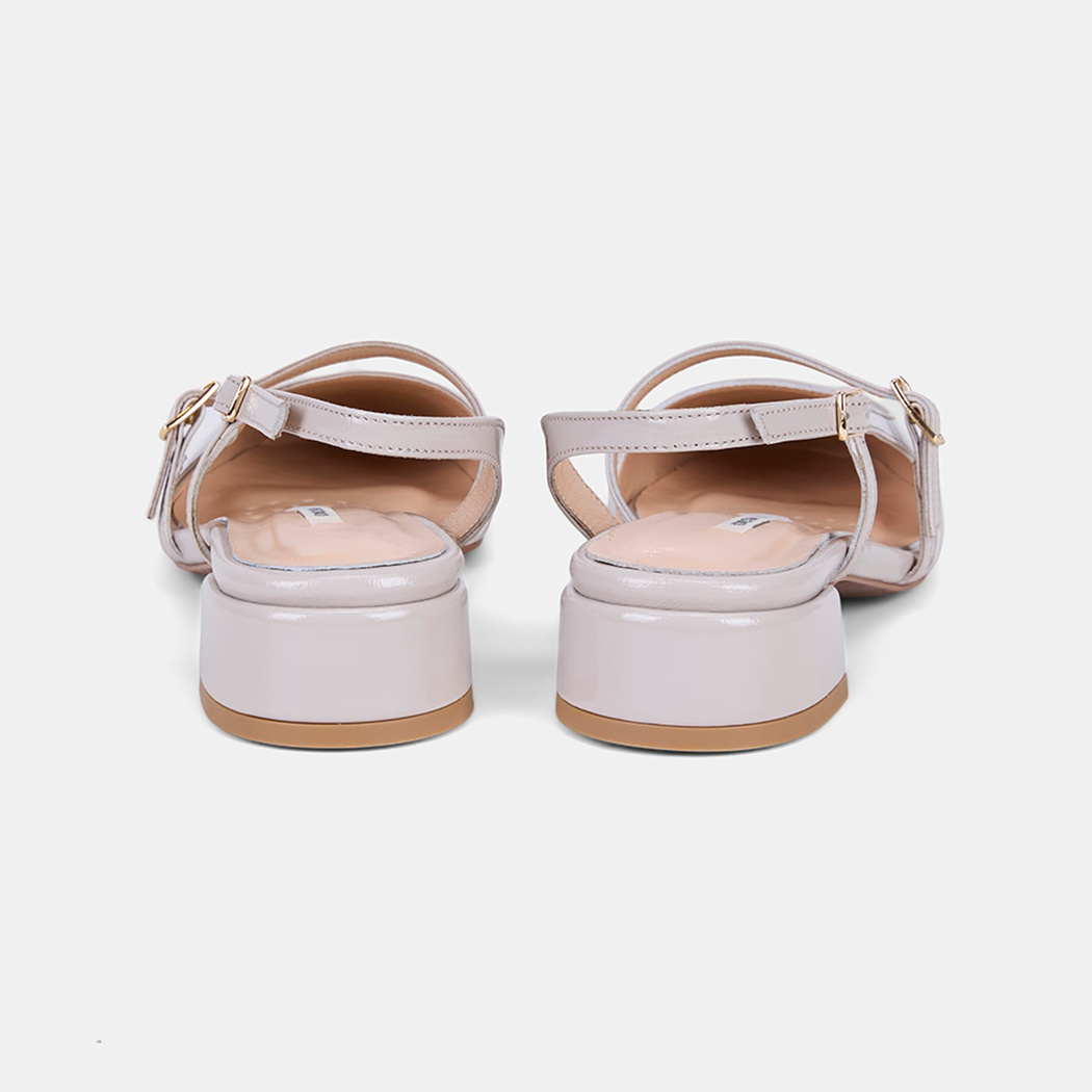 Kadın Bej İnce Bantlı Slingback Kısa Topuklu Rugan Deri Ayakkabı