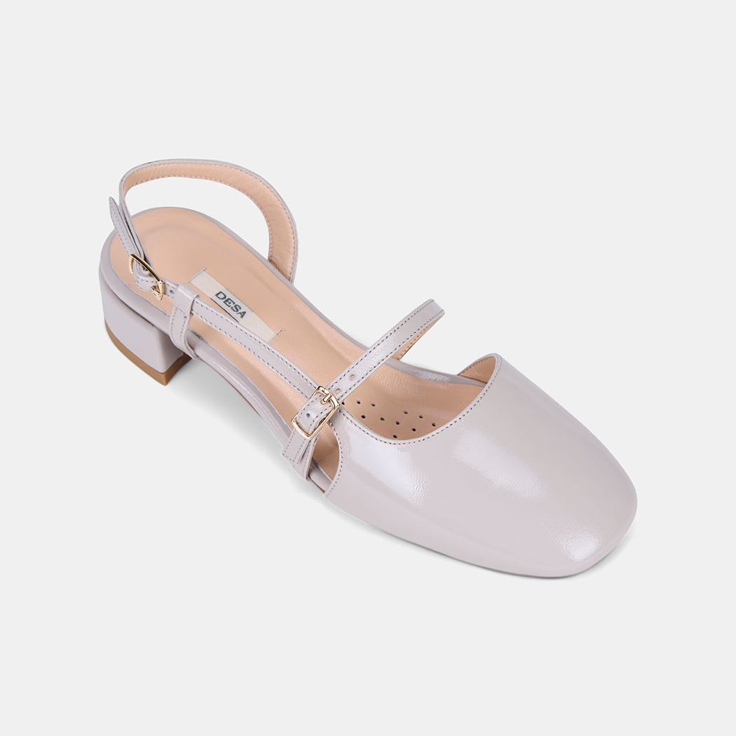 Kadın Bej İnce Bantlı Slingback Kısa Topuklu Rugan Deri Ayakkabı