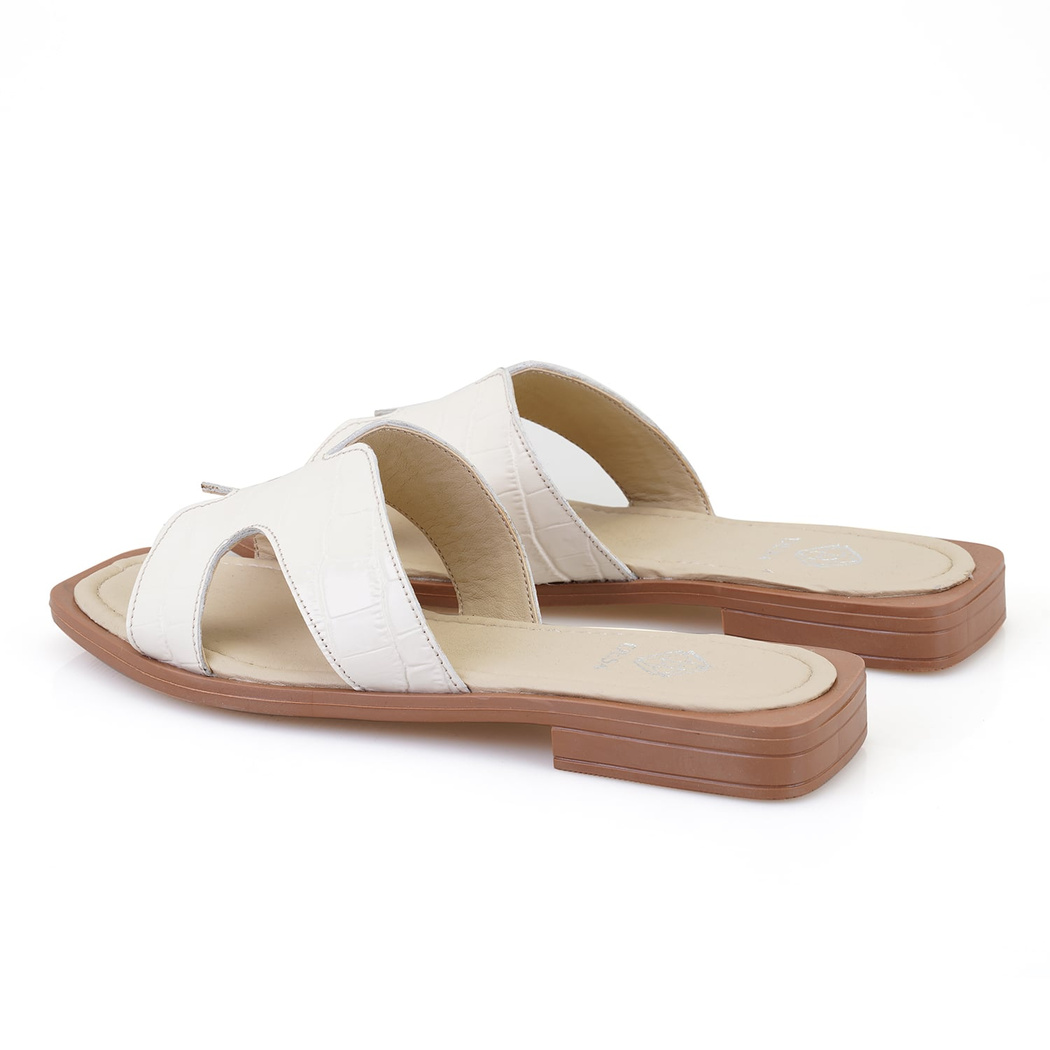 Kadın Bej Kroko Baskılı Deri Terlik