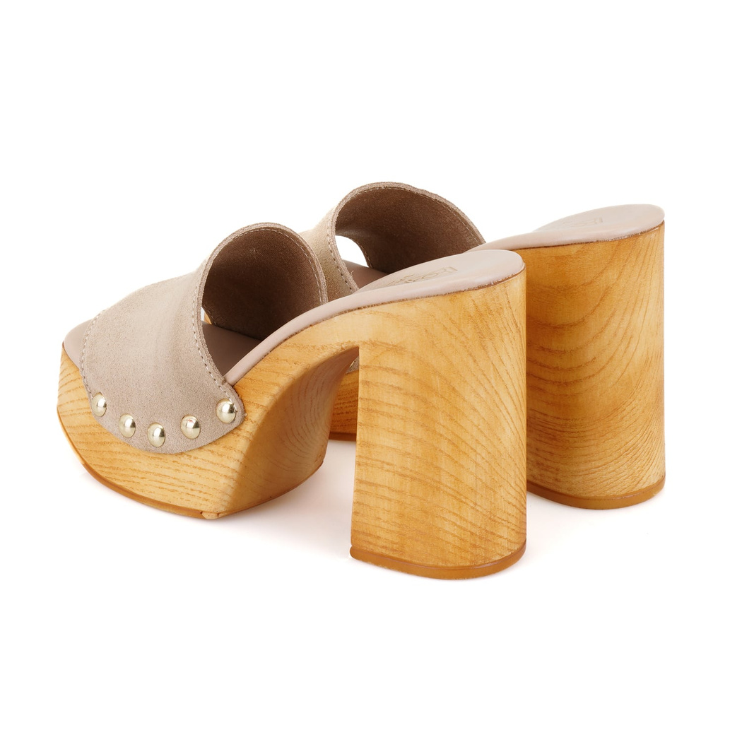 Kadın Bej Platform Topuklu Süet Deri Terlik