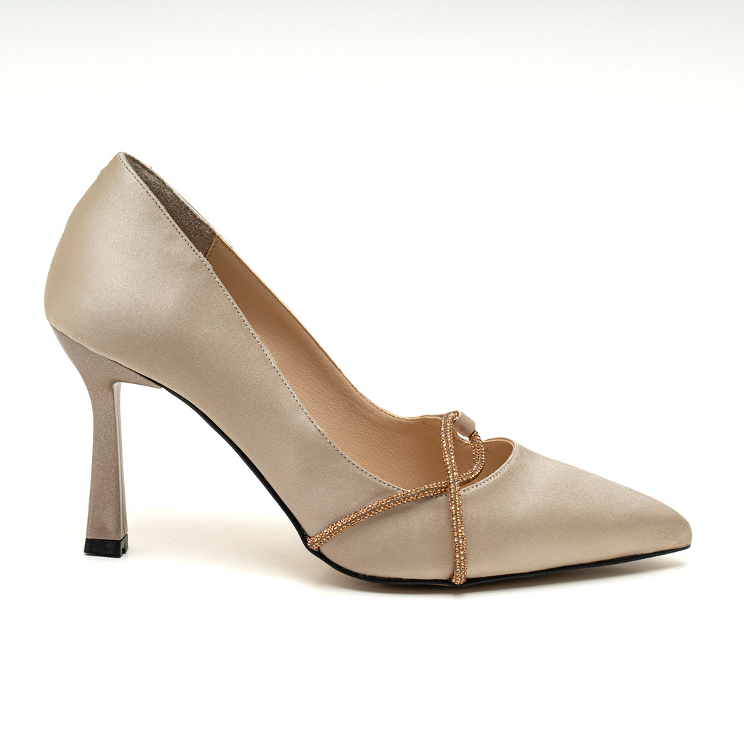 Kadın Bej Saten Taşlı Stiletto