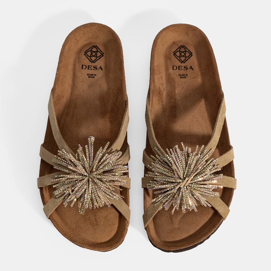 Kadın Bej Taş Detaylı Süet Terlik