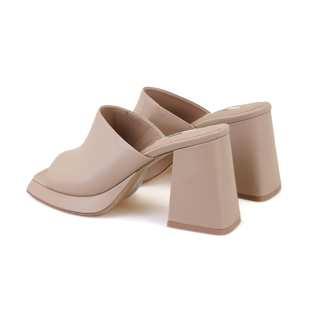 Kadın Bej Topuklu Napa Deri Terlik