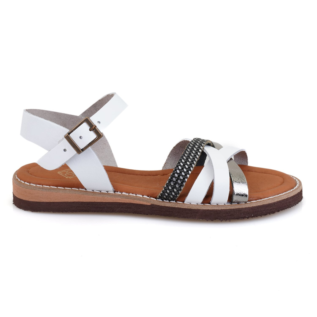 Kadın Beyaz Ayarlanabilir Tokalı Deri Sandalet