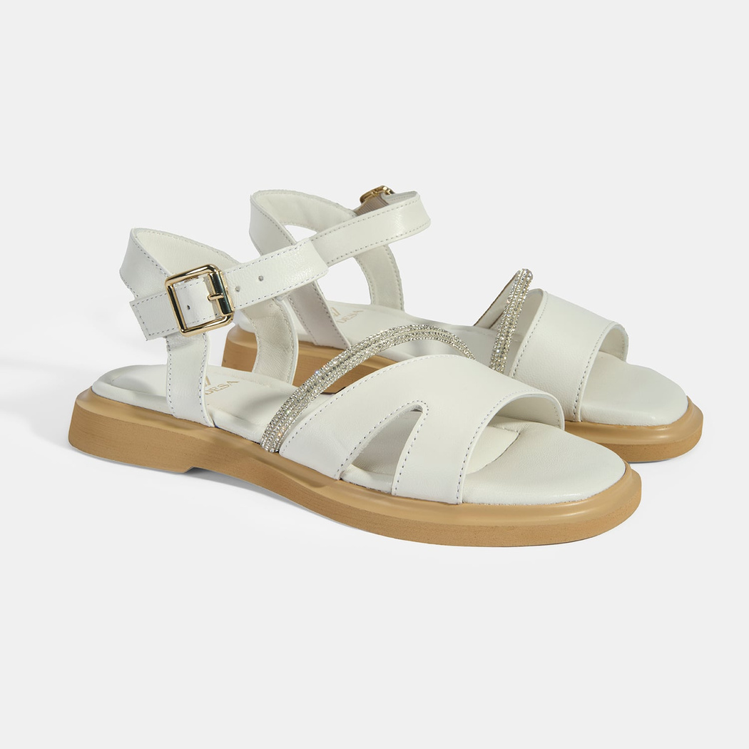 Kadın Beyaz Ayarlanabilir Tokalı Taş Detaylı Deri Sandalet